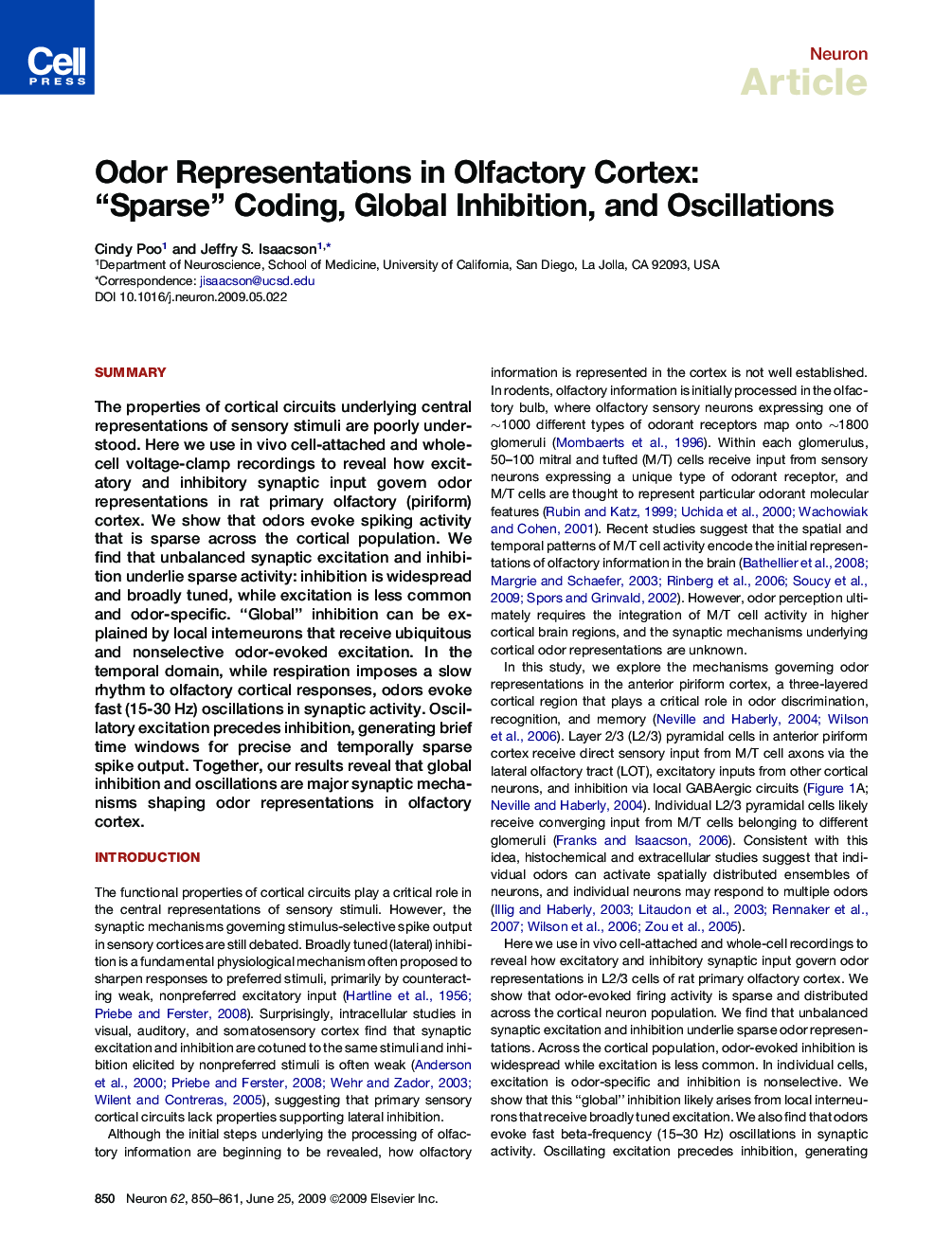 Odor Representations in Olfactory Cortex: “Sparse” Coding, Global Inhibition, and Oscillations