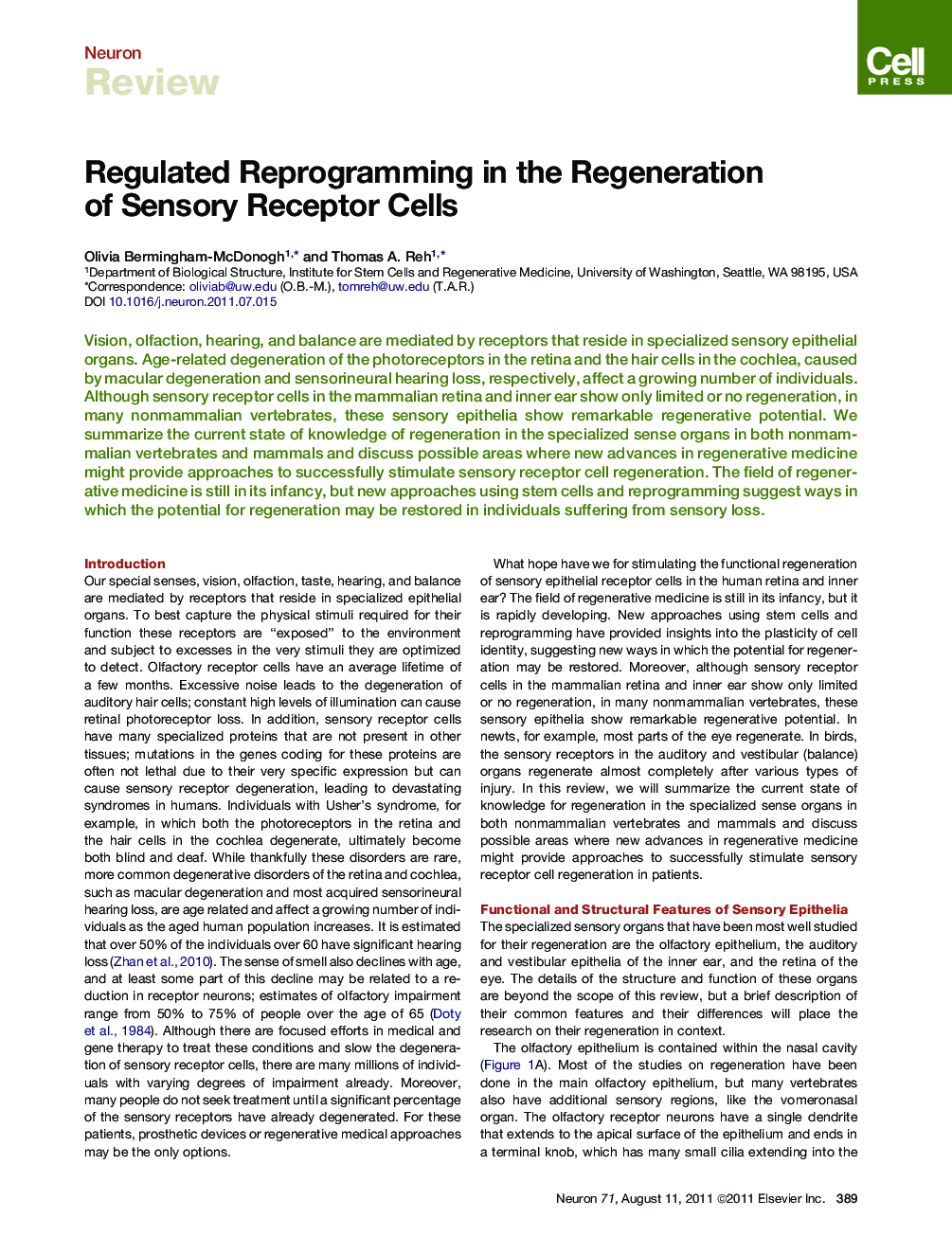 Regulated Reprogramming in the Regeneration of Sensory Receptor Cells