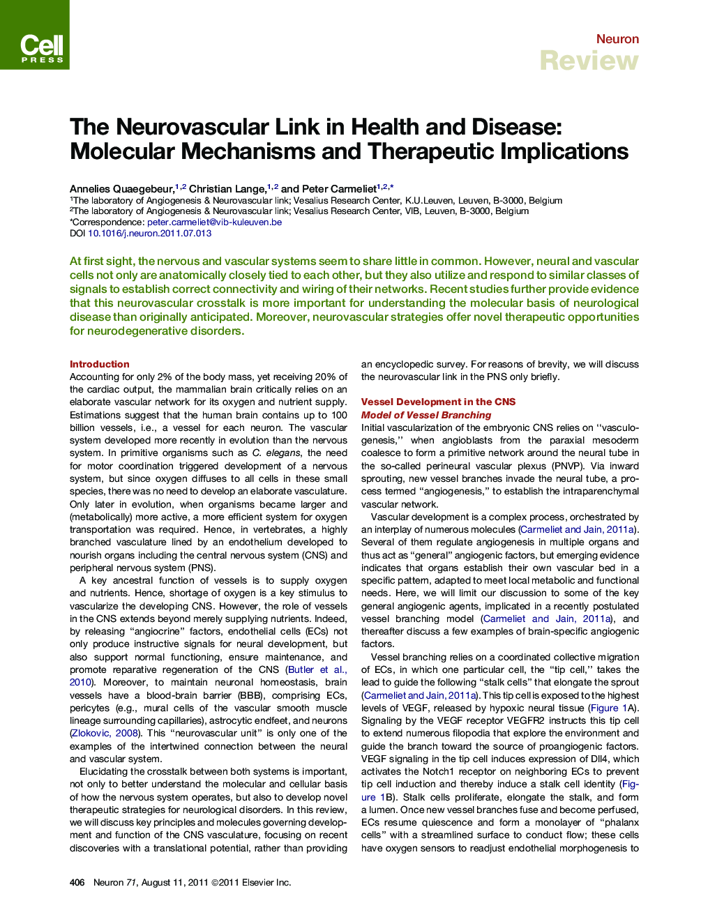 The Neurovascular Link in Health and Disease: Molecular Mechanisms and Therapeutic Implications