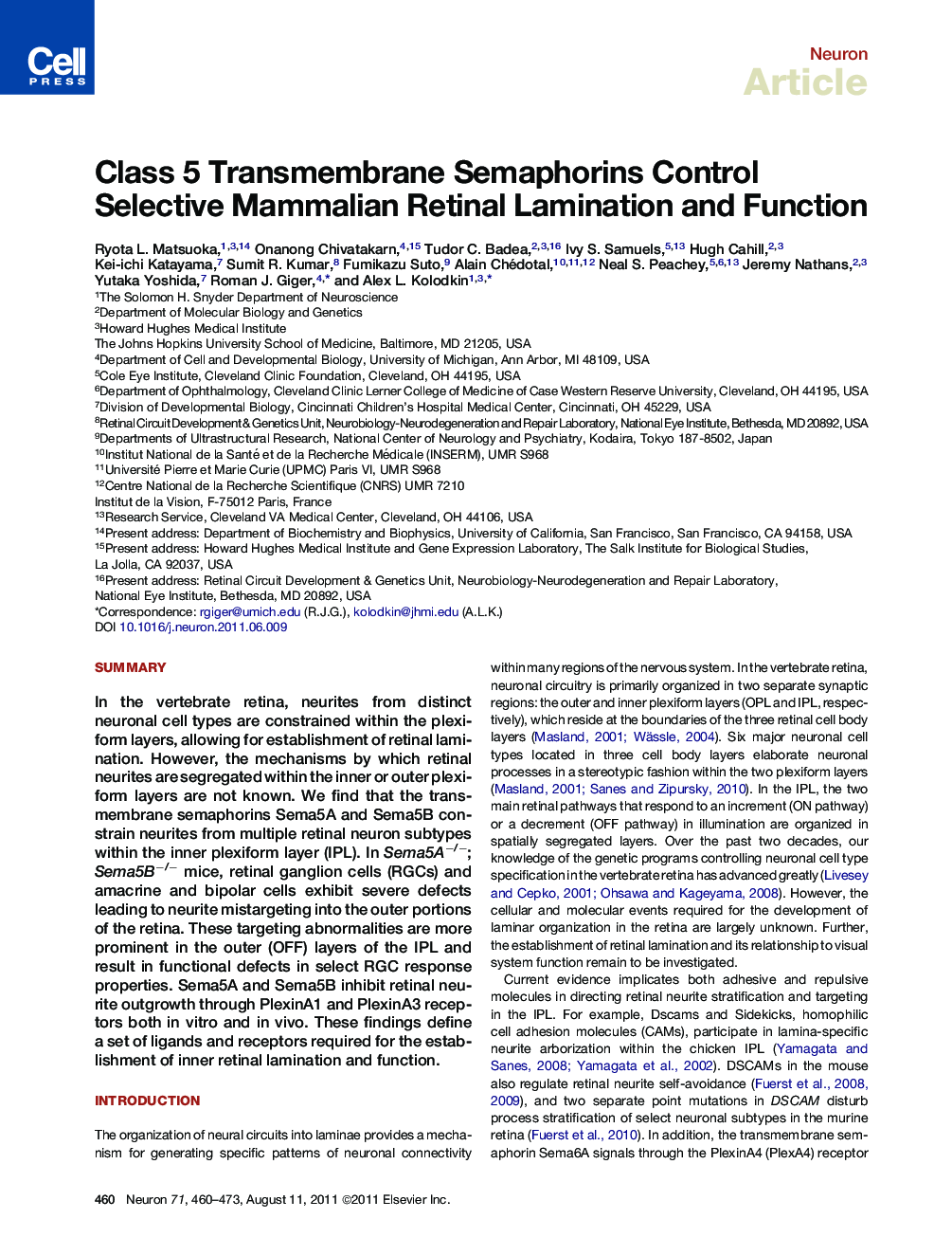 Class 5 Transmembrane Semaphorins Control Selective Mammalian Retinal Lamination and Function