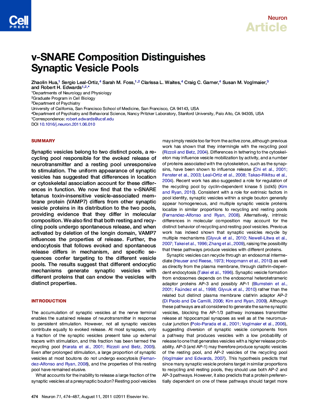 v-SNARE Composition Distinguishes Synaptic Vesicle Pools