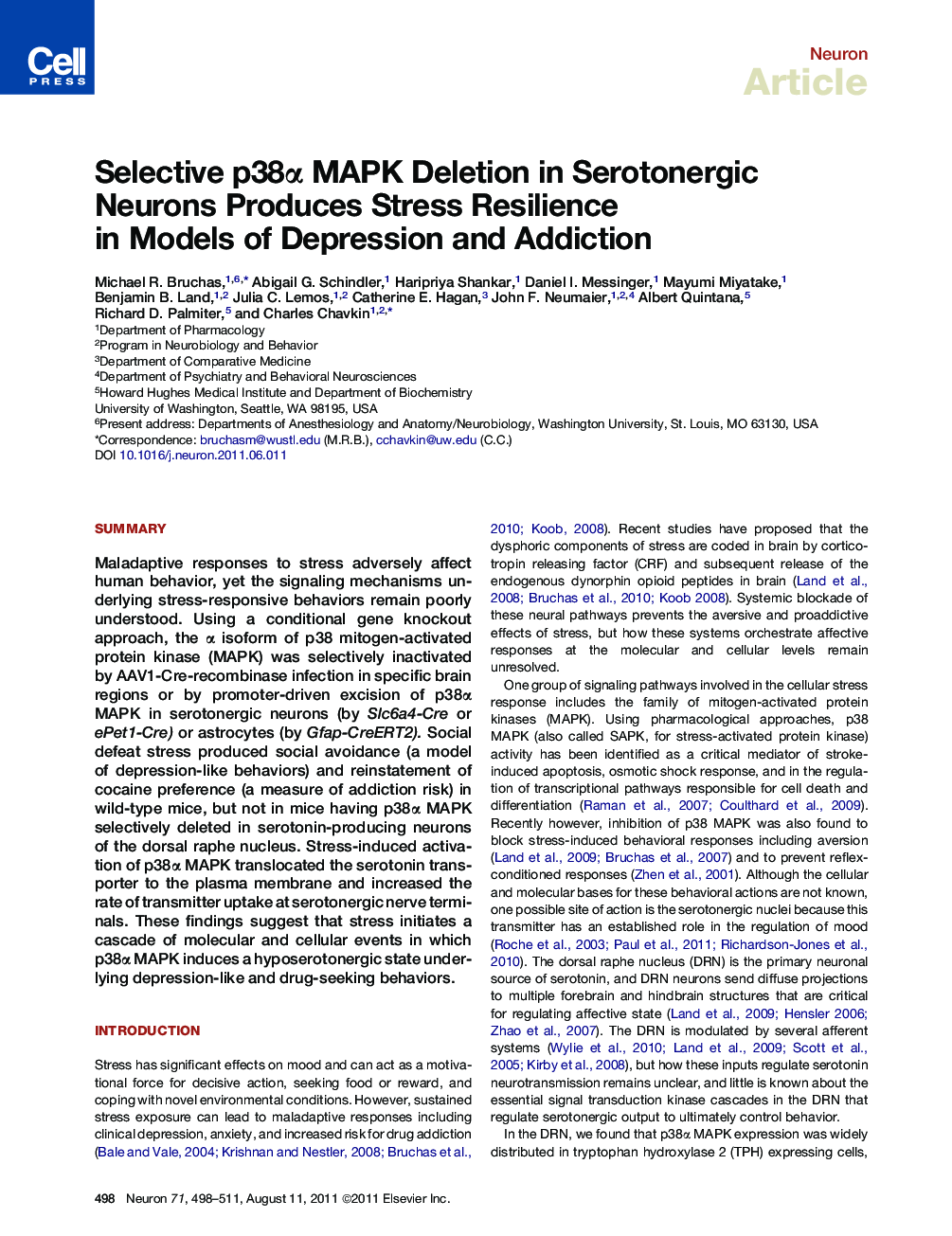 Selective p38α MAPK Deletion in Serotonergic Neurons Produces Stress Resilience in Models of Depression and Addiction