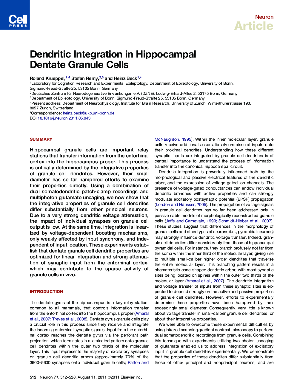 Dendritic Integration in Hippocampal Dentate Granule Cells