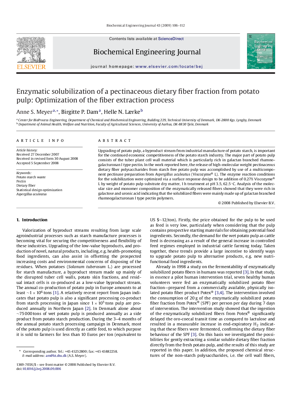 Enzymatic solubilization of a pectinaceous dietary fiber fraction from potato pulp: Optimization of the fiber extraction process