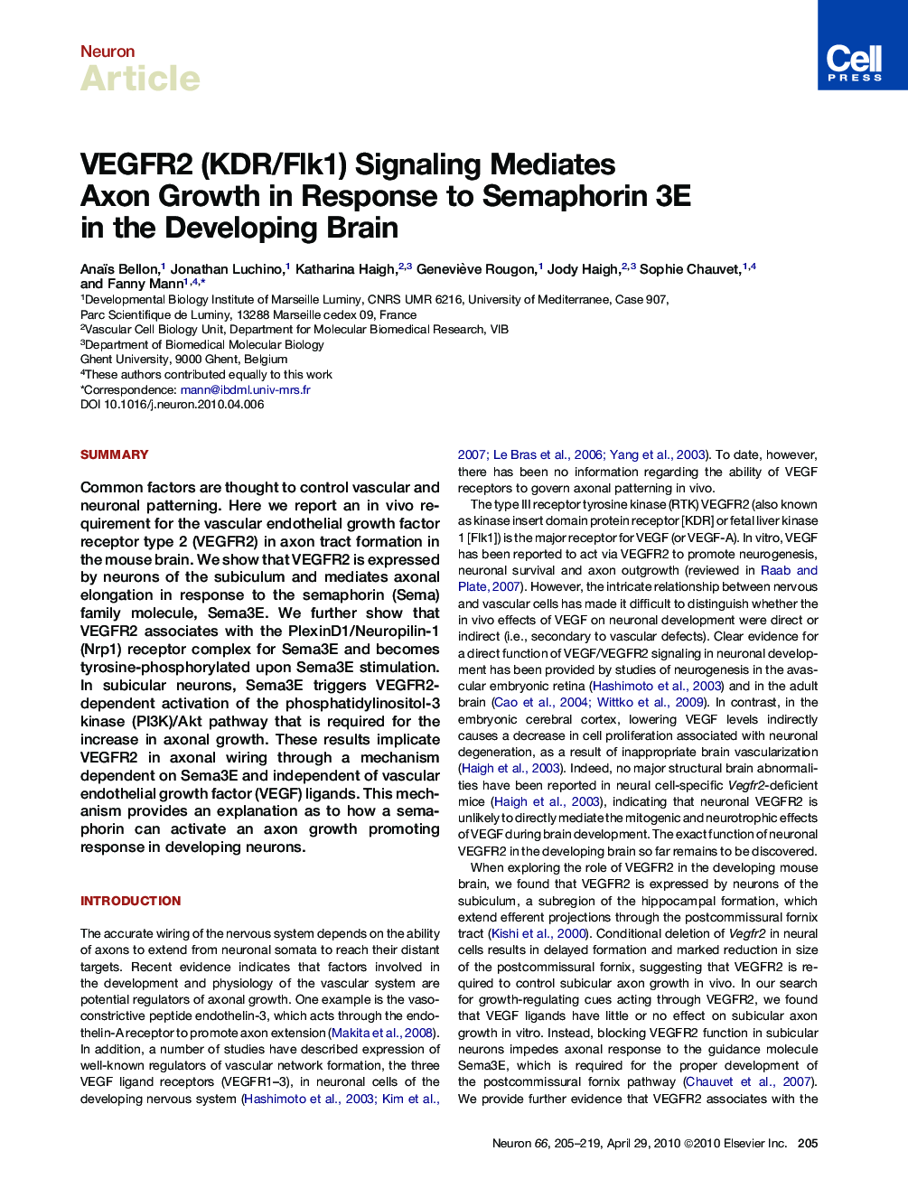 VEGFR2 (KDR/Flk1) Signaling Mediates Axon Growth in Response to Semaphorin 3E in the Developing Brain