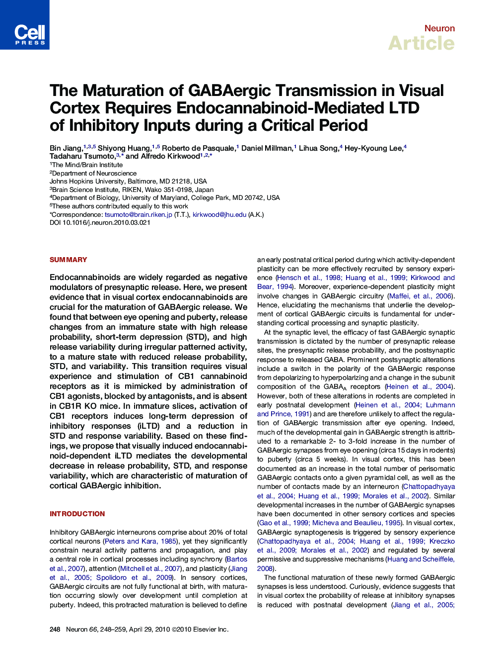 The Maturation of GABAergic Transmission in Visual Cortex Requires Endocannabinoid-Mediated LTD of Inhibitory Inputs during a Critical Period