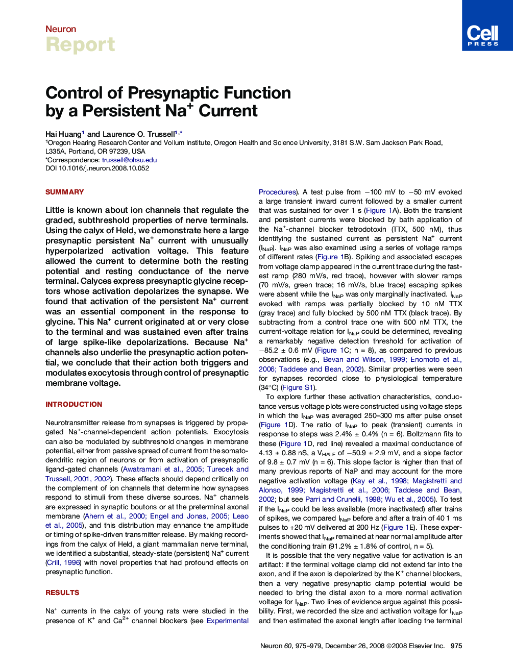 Control of Presynaptic Function by a Persistent Na+ Current