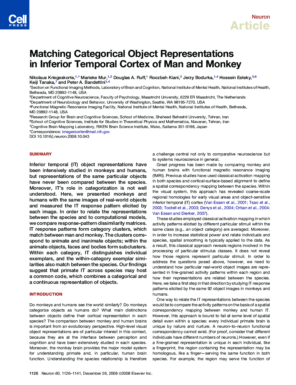 Matching Categorical Object Representations in Inferior Temporal Cortex of Man and Monkey