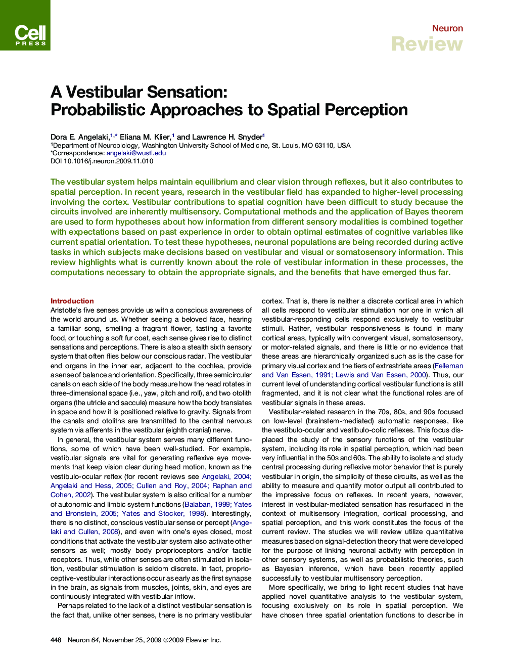 A Vestibular Sensation: Probabilistic Approaches to Spatial Perception