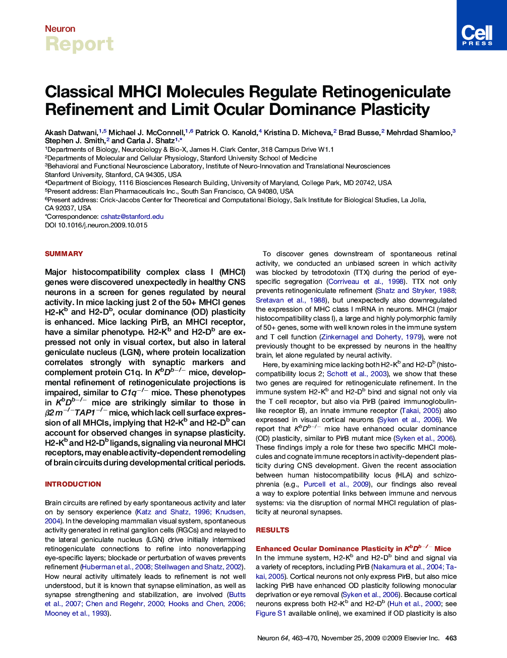 Classical MHCI Molecules Regulate Retinogeniculate Refinement and Limit Ocular Dominance Plasticity