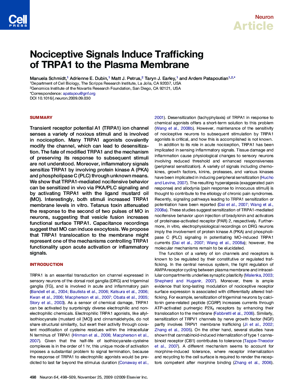 Nociceptive Signals Induce Trafficking of TRPA1 to the Plasma Membrane