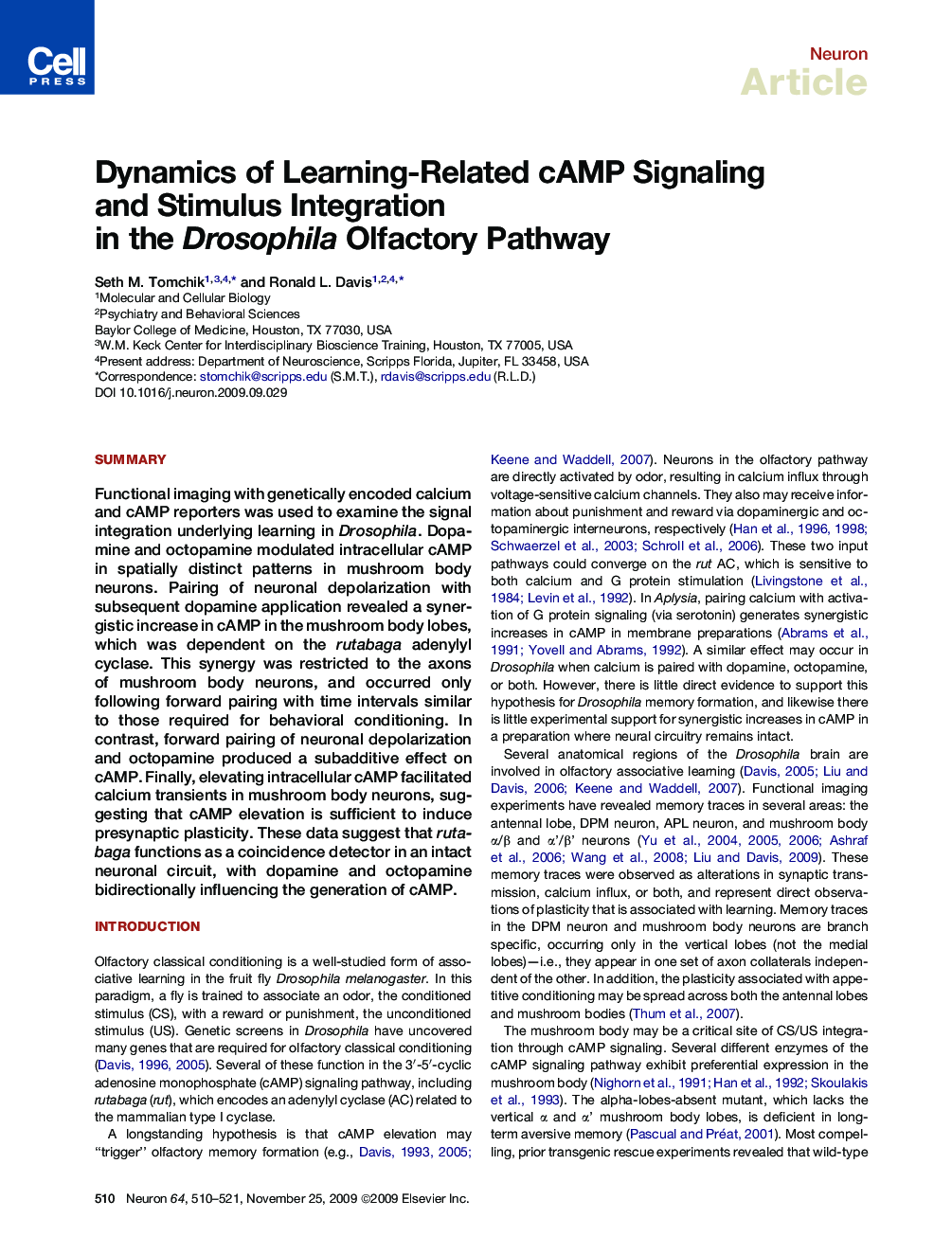 Dynamics of Learning-Related cAMP Signaling and Stimulus Integration in the Drosophila Olfactory Pathway