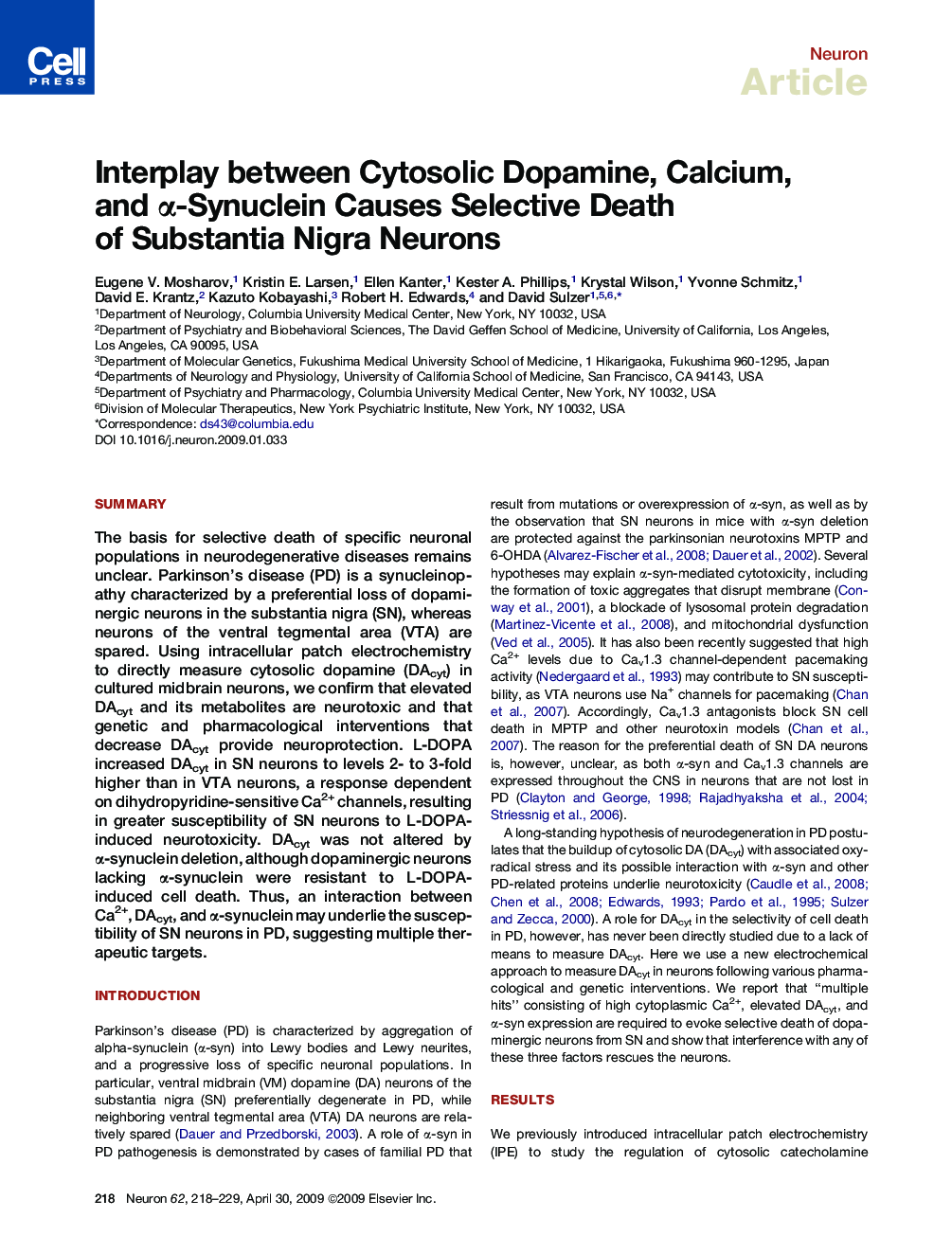 Interplay between Cytosolic Dopamine, Calcium, and α-Synuclein Causes Selective Death of Substantia Nigra Neurons