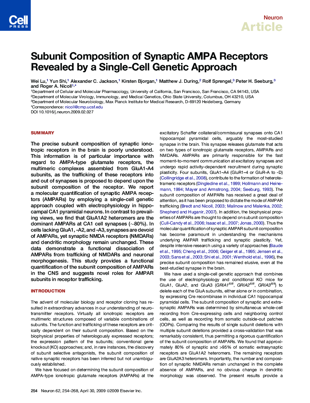 Subunit Composition of Synaptic AMPA Receptors Revealed by a Single-Cell Genetic Approach