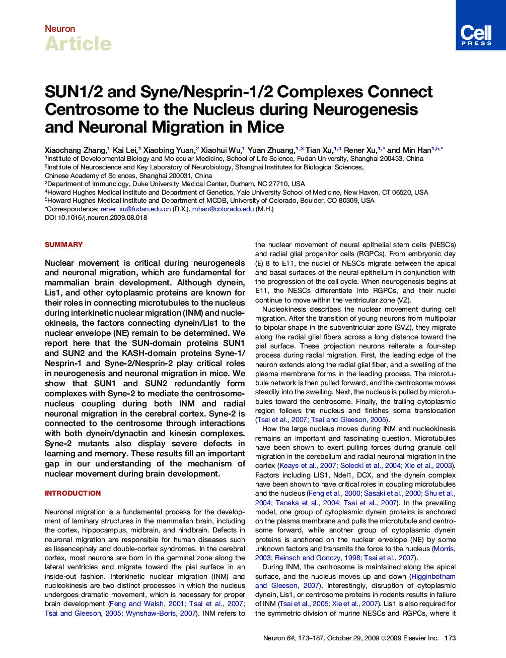 SUN1/2 and Syne/Nesprin-1/2 Complexes Connect Centrosome to the Nucleus during Neurogenesis and Neuronal Migration in Mice