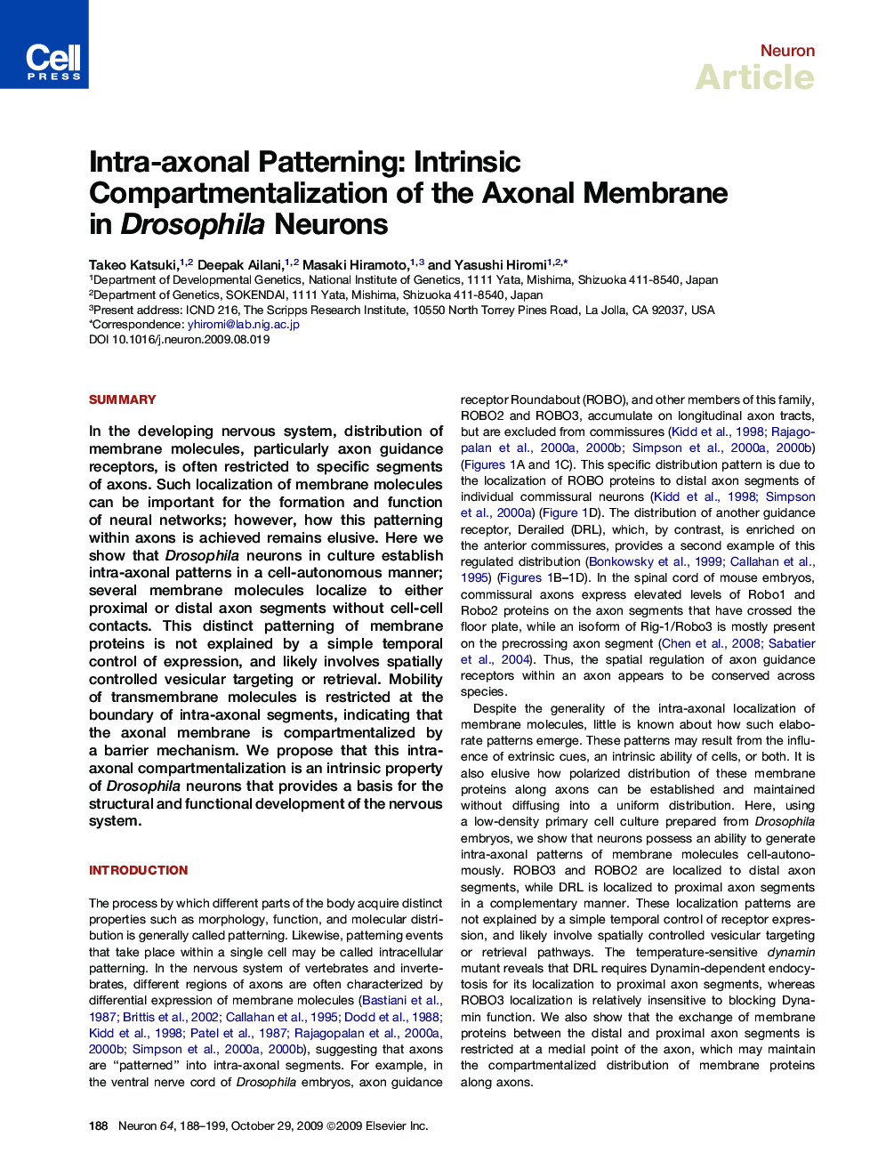 Intra-axonal Patterning: Intrinsic Compartmentalization of the Axonal Membrane in Drosophila Neurons