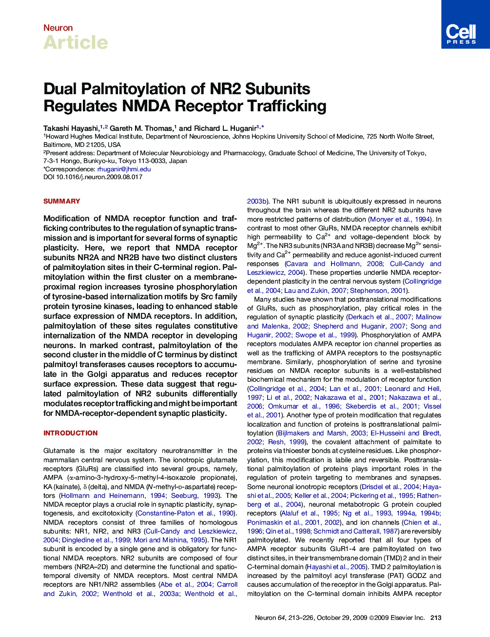 Dual Palmitoylation of NR2 Subunits Regulates NMDA Receptor Trafficking