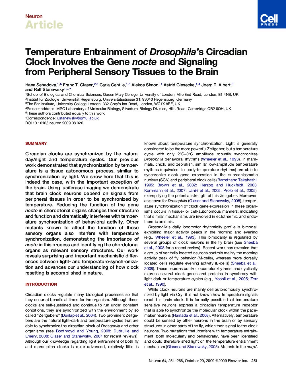 Temperature Entrainment of Drosophila's Circadian Clock Involves the Gene nocte and Signaling from Peripheral Sensory Tissues to the Brain
