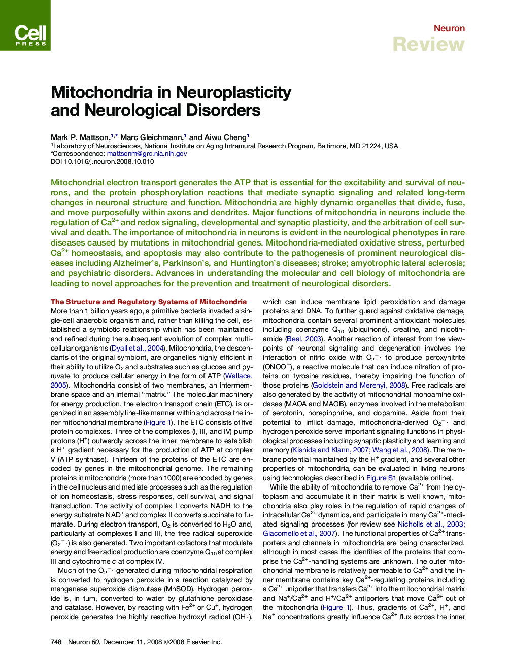 Mitochondria in Neuroplasticity and Neurological Disorders