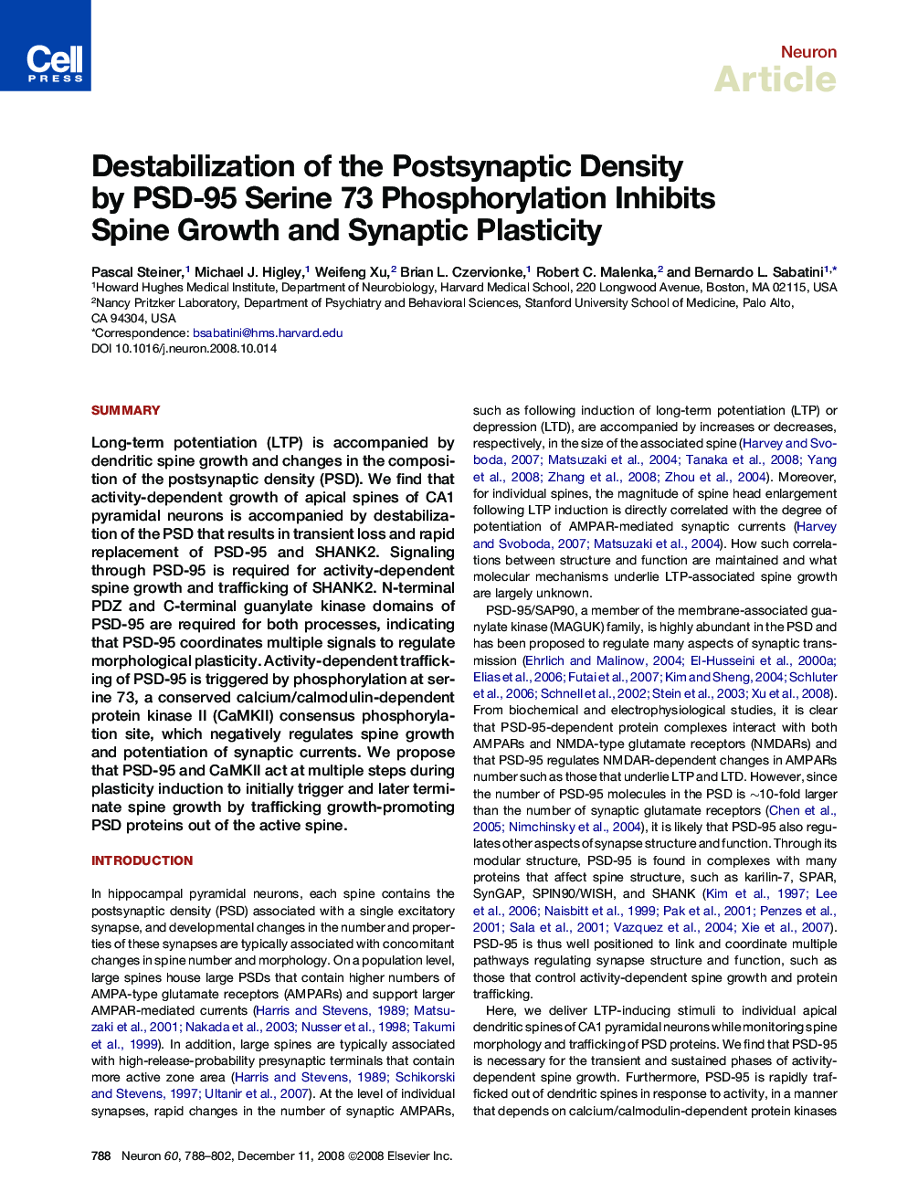 Destabilization of the Postsynaptic Density by PSD-95 Serine 73 Phosphorylation Inhibits Spine Growth and Synaptic Plasticity