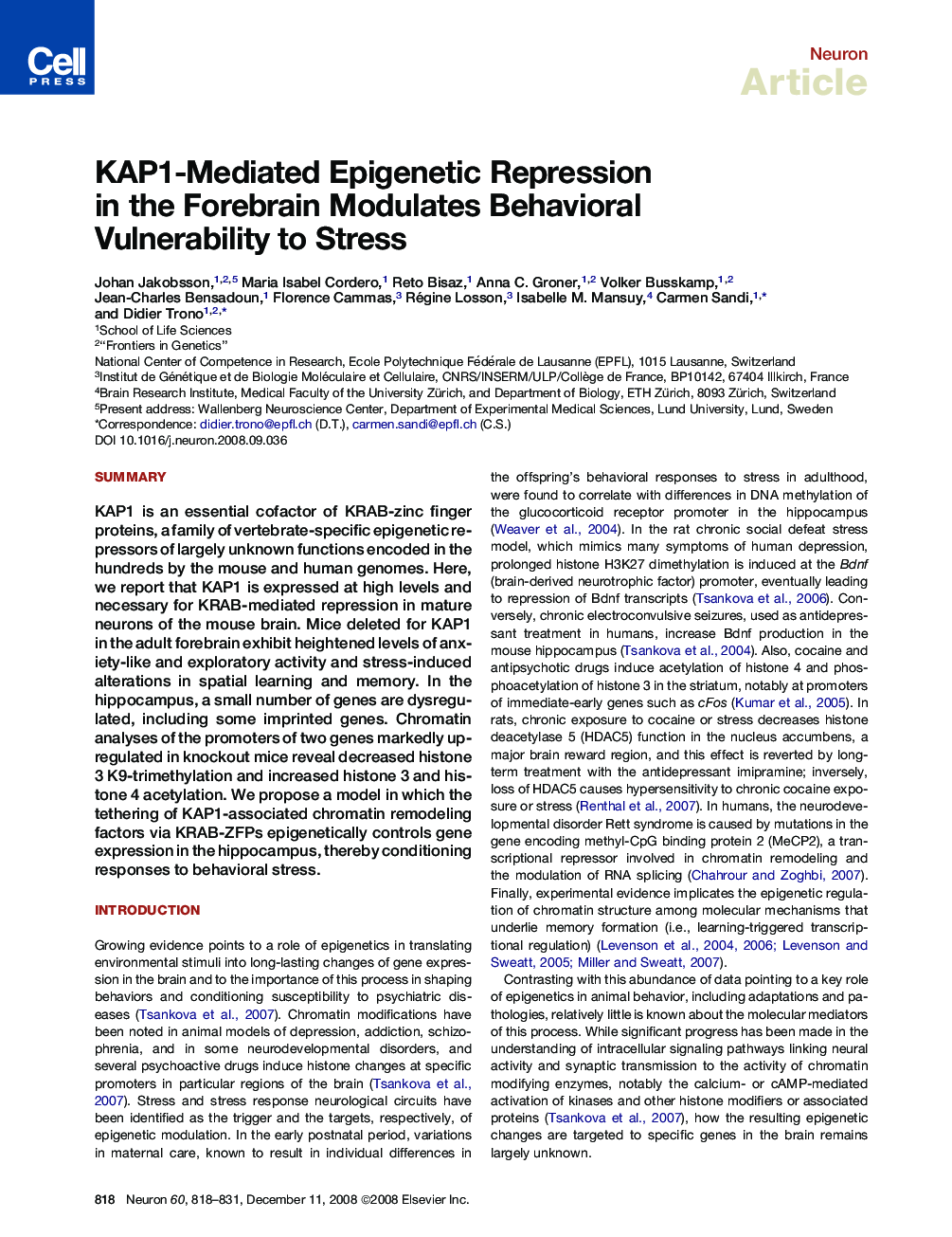 KAP1-Mediated Epigenetic Repression in the Forebrain Modulates Behavioral Vulnerability to Stress