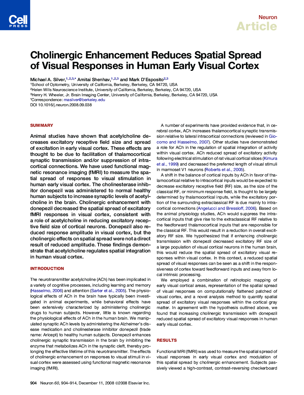 Cholinergic Enhancement Reduces Spatial Spread of Visual Responses in Human Early Visual Cortex
