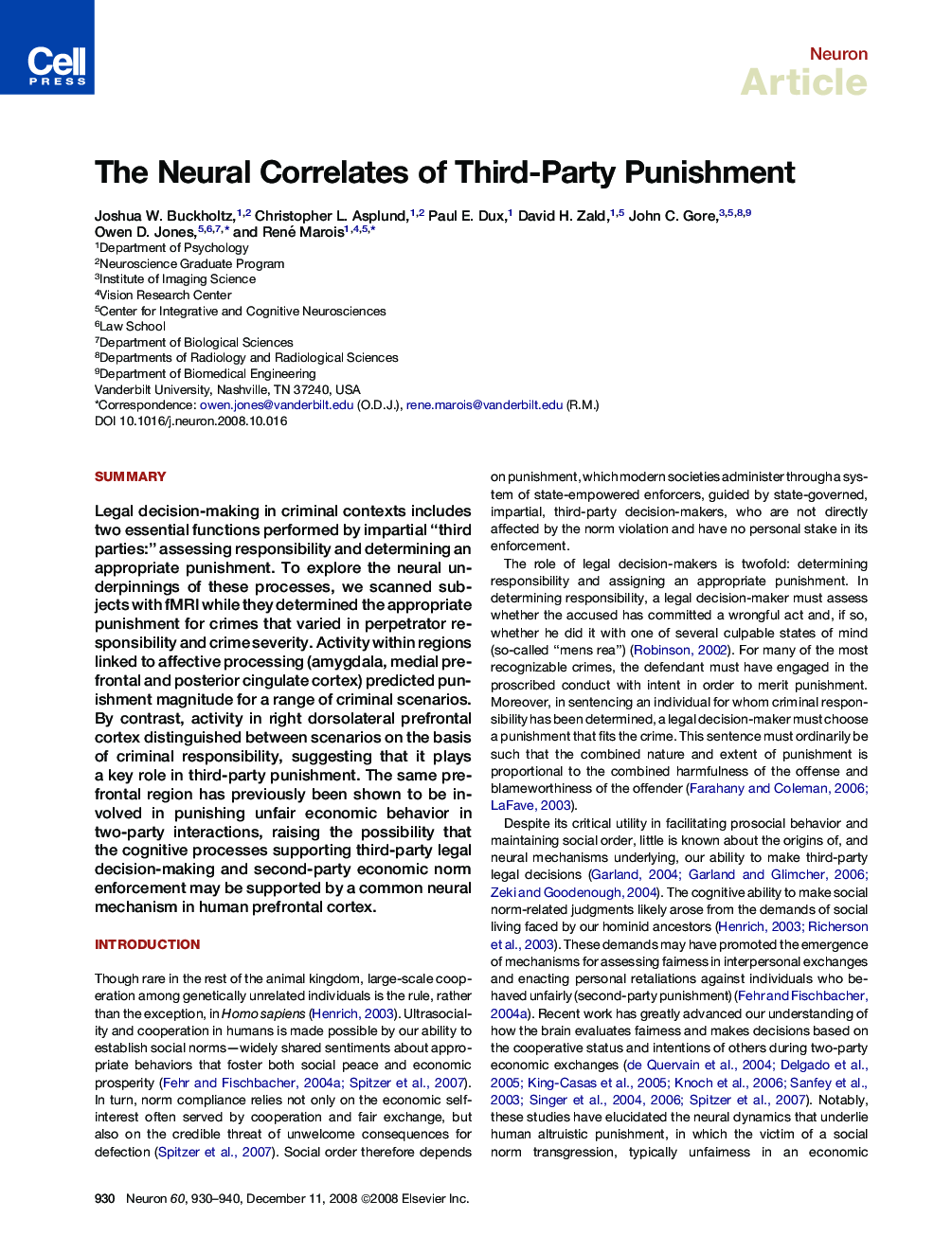 The Neural Correlates of Third-Party Punishment