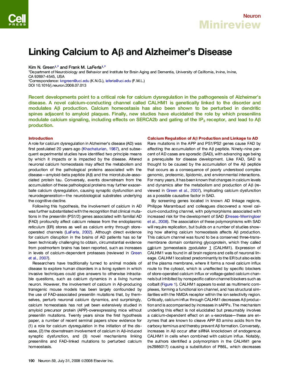 Linking Calcium to Aβ and Alzheimer's Disease