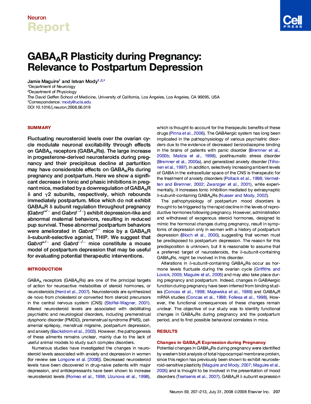 GABAAR Plasticity during Pregnancy: Relevance to Postpartum Depression