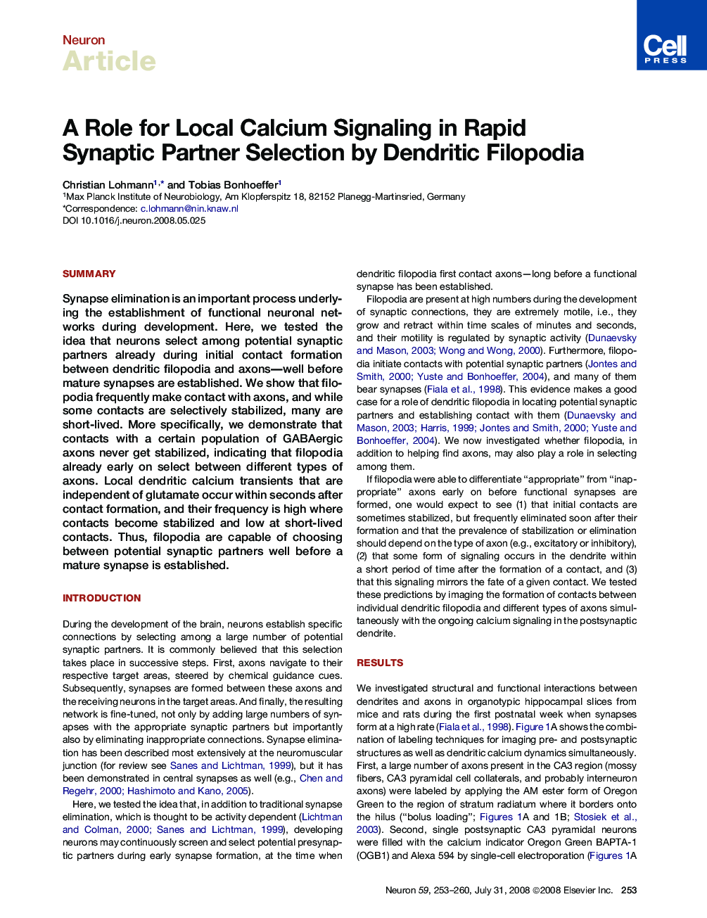 A Role for Local Calcium Signaling in Rapid Synaptic Partner Selection by Dendritic Filopodia