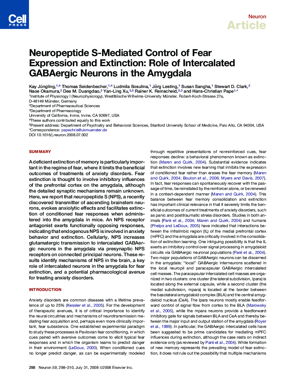Neuropeptide S-Mediated Control of Fear Expression and Extinction: Role of Intercalated GABAergic Neurons in the Amygdala