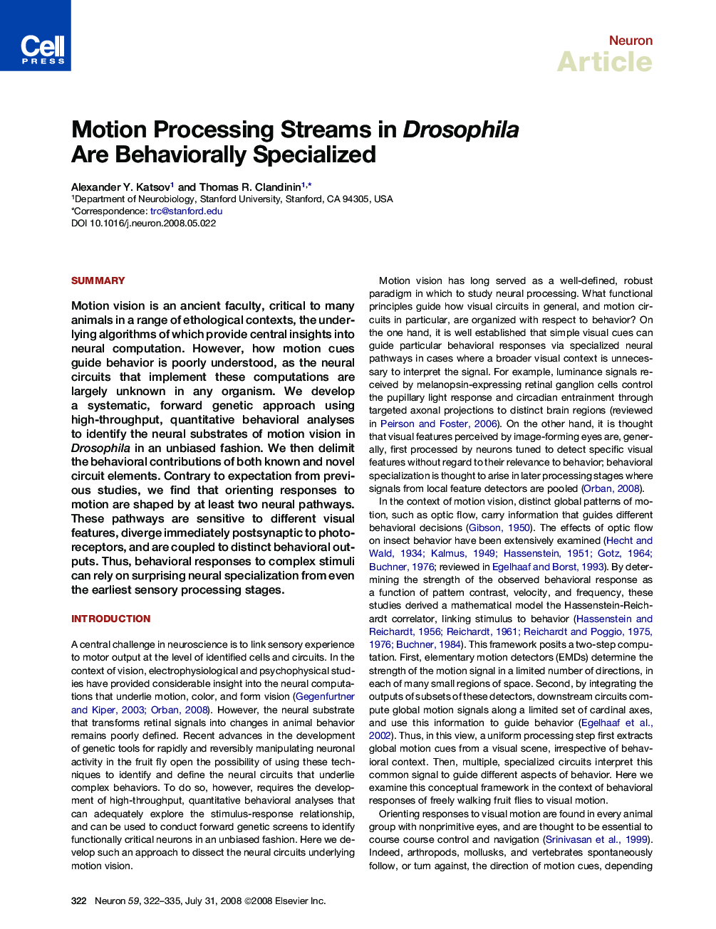 Motion Processing Streams in Drosophila Are Behaviorally Specialized