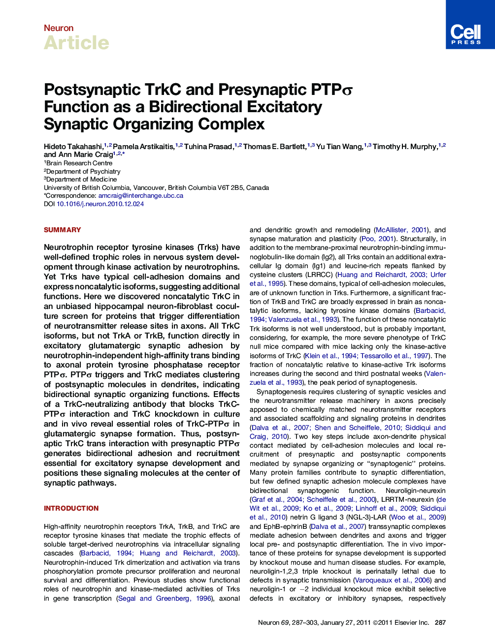 Postsynaptic TrkC and Presynaptic PTPσ Function as a Bidirectional Excitatory Synaptic Organizing Complex
