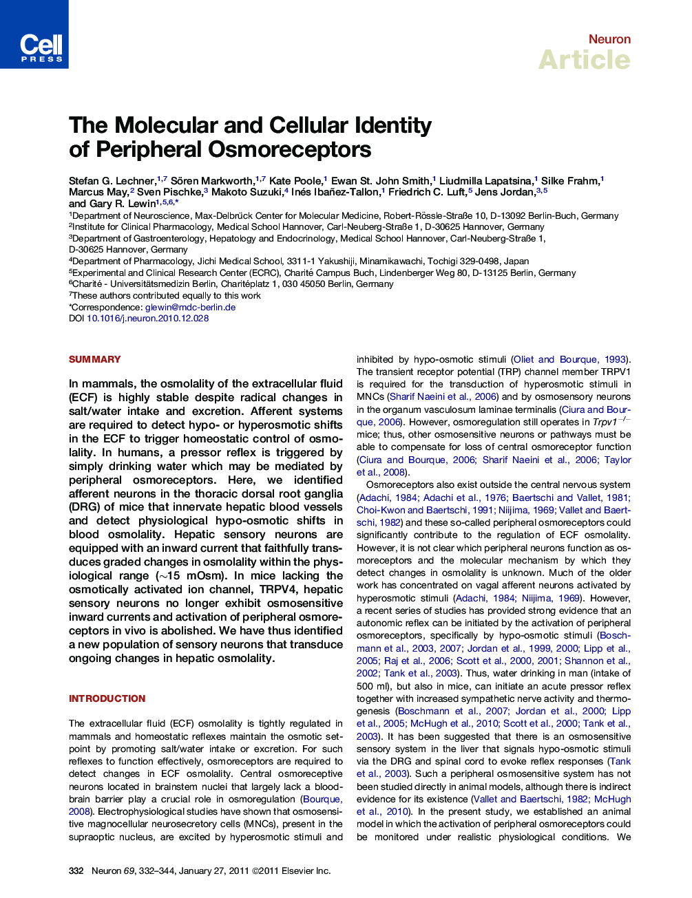 The Molecular and Cellular Identity of Peripheral Osmoreceptors