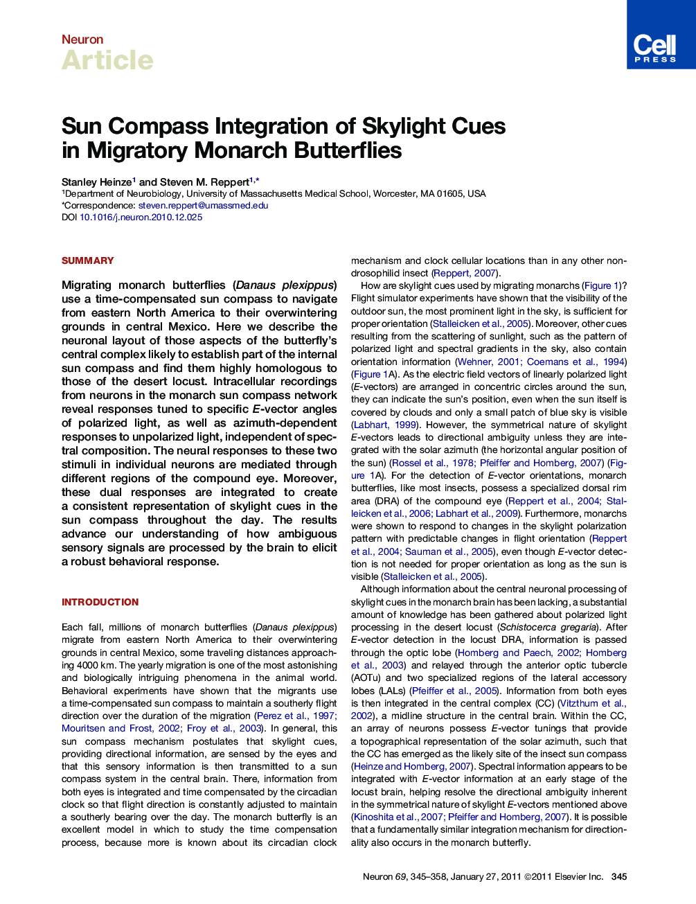 Sun Compass Integration of Skylight Cues in Migratory Monarch Butterflies