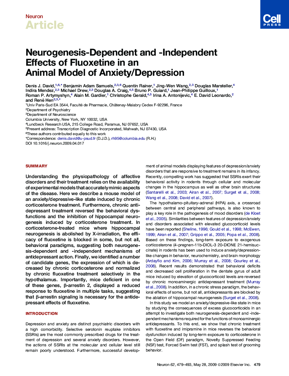 Neurogenesis-Dependent and -Independent Effects of Fluoxetine in an Animal Model of Anxiety/Depression