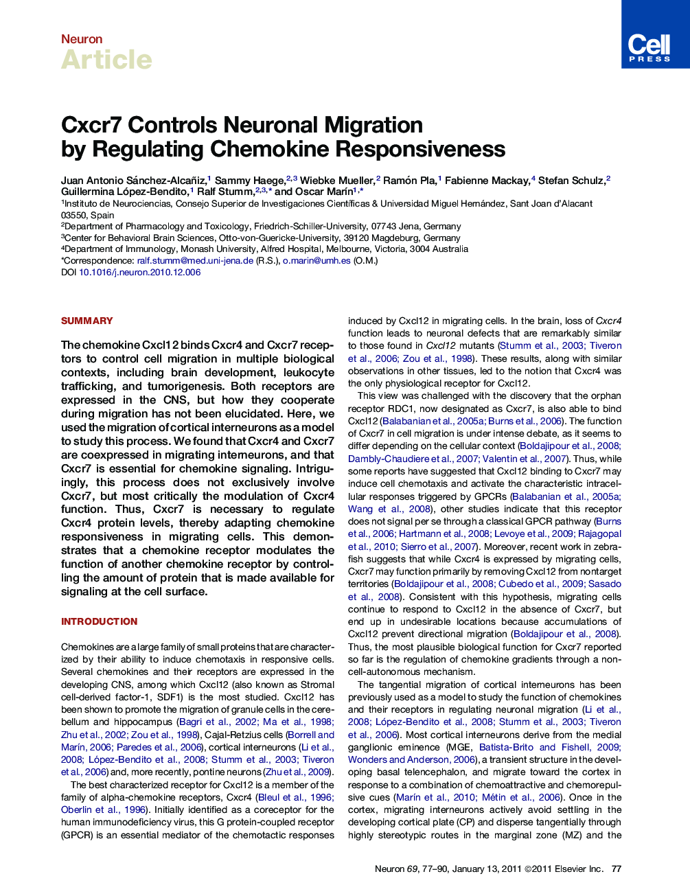 Cxcr7 Controls Neuronal Migration by Regulating Chemokine Responsiveness
