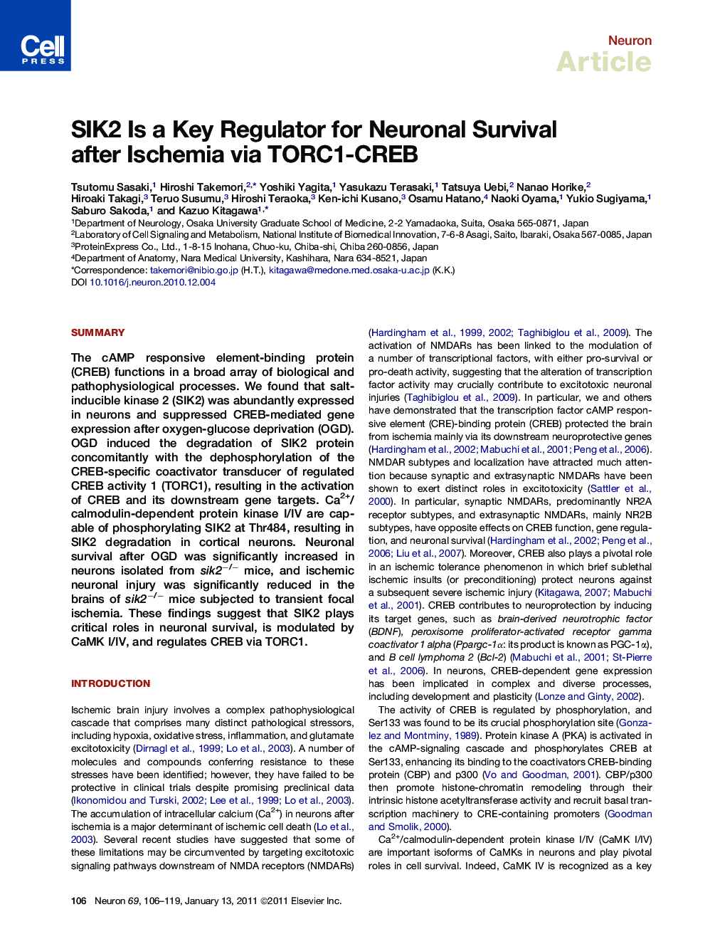 SIK2 Is a Key Regulator for Neuronal Survival after Ischemia via TORC1-CREB