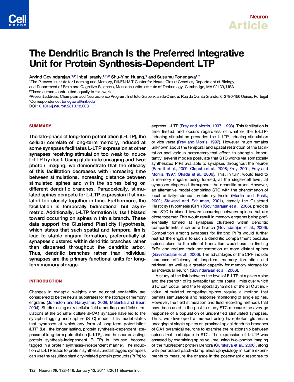 The Dendritic Branch Is the Preferred Integrative Unit for Protein Synthesis-Dependent LTP