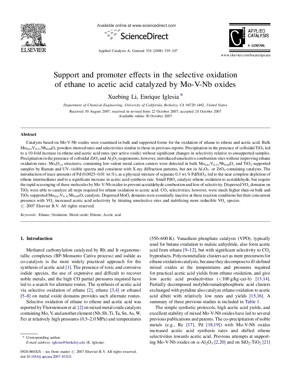 Support and promoter effects in the selective oxidation of ethane to acetic acid catalyzed by Mo-V-Nb oxides