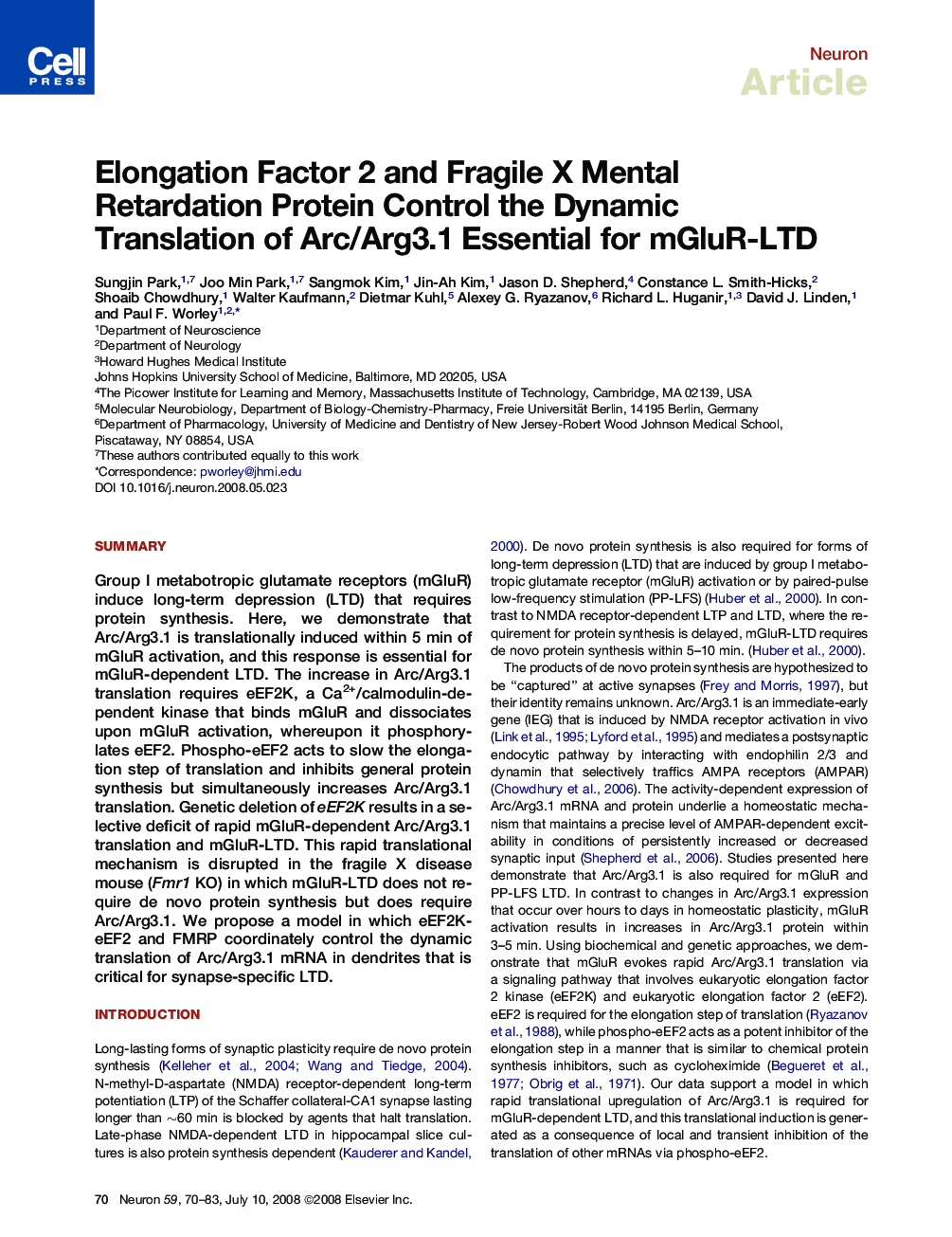 Elongation Factor 2 and Fragile X Mental Retardation Protein Control the Dynamic Translation of Arc/Arg3.1 Essential for mGluR-LTD