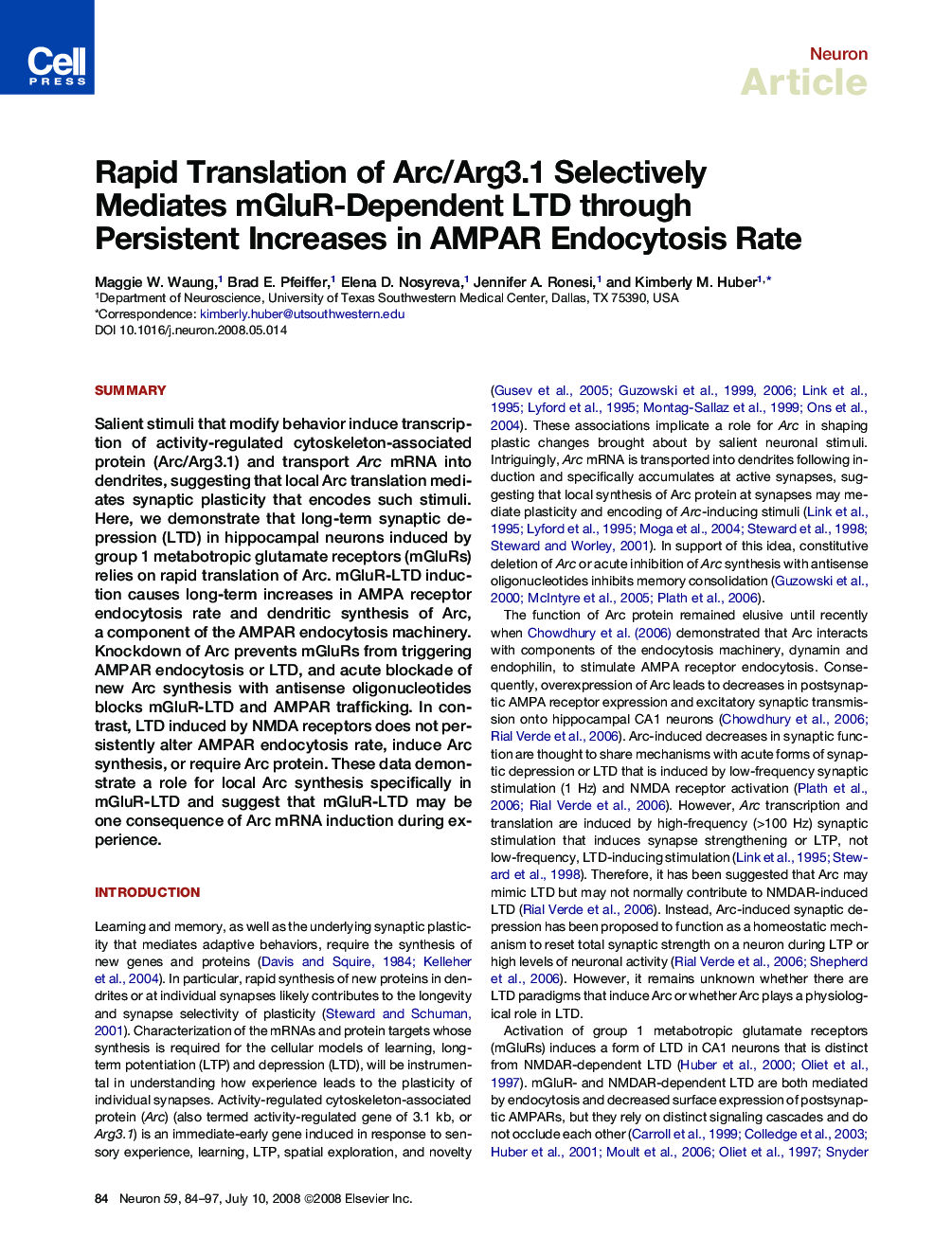 Rapid Translation of Arc/Arg3.1 Selectively Mediates mGluR-Dependent LTD through Persistent Increases in AMPAR Endocytosis Rate