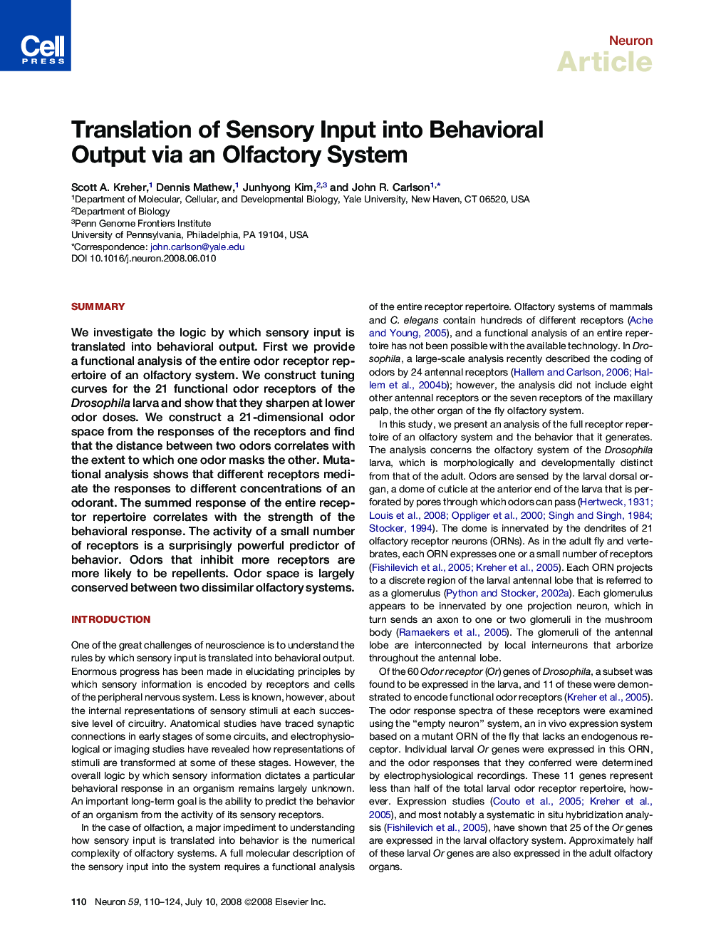 Translation of Sensory Input into Behavioral Output via an Olfactory System