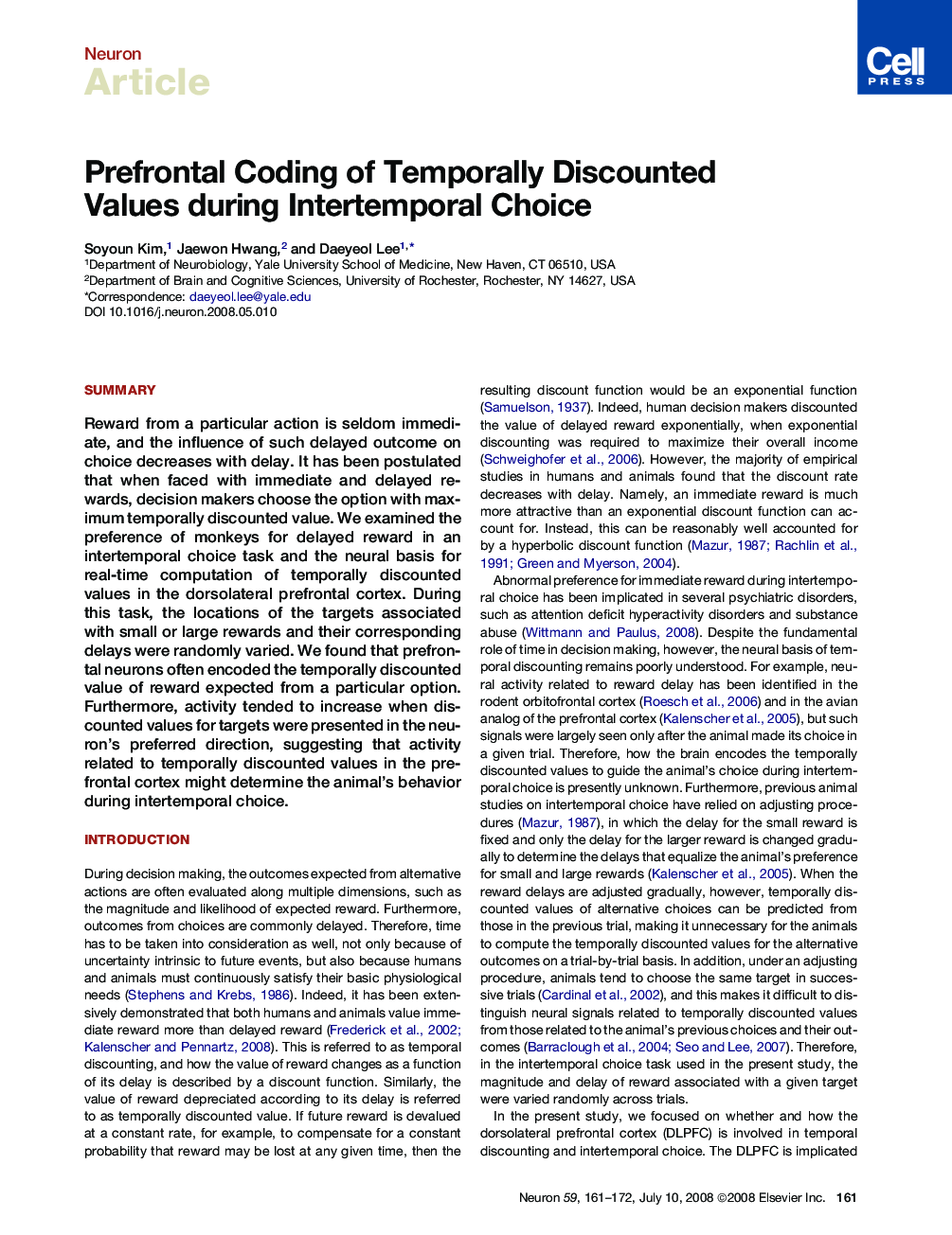 Prefrontal Coding of Temporally Discounted Values during Intertemporal Choice