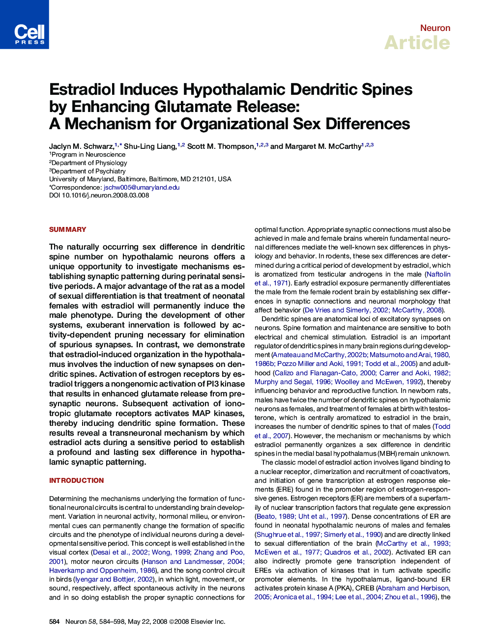 Estradiol Induces Hypothalamic Dendritic Spines by Enhancing Glutamate Release: A Mechanism for Organizational Sex Differences