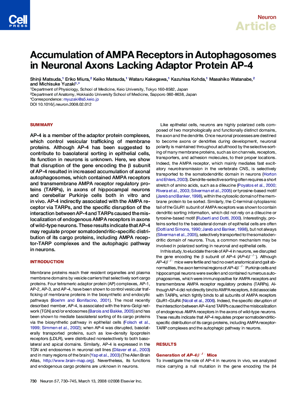 Accumulation of AMPA Receptors in Autophagosomes in Neuronal Axons Lacking Adaptor Protein AP-4
