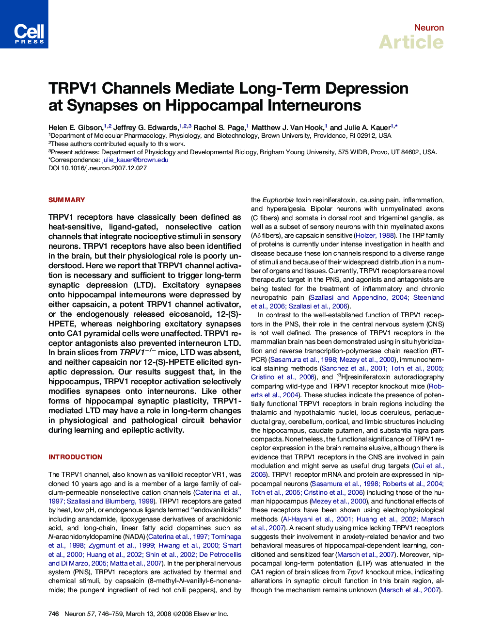 TRPV1 Channels Mediate Long-Term Depression at Synapses on Hippocampal Interneurons