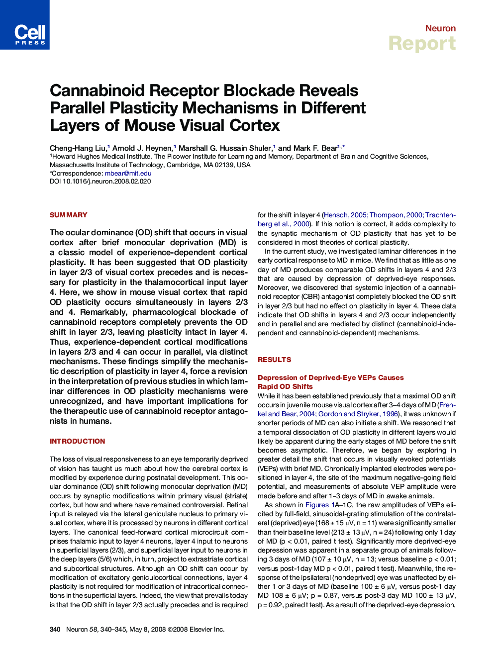 Cannabinoid Receptor Blockade Reveals Parallel Plasticity Mechanisms in Different Layers of Mouse Visual Cortex