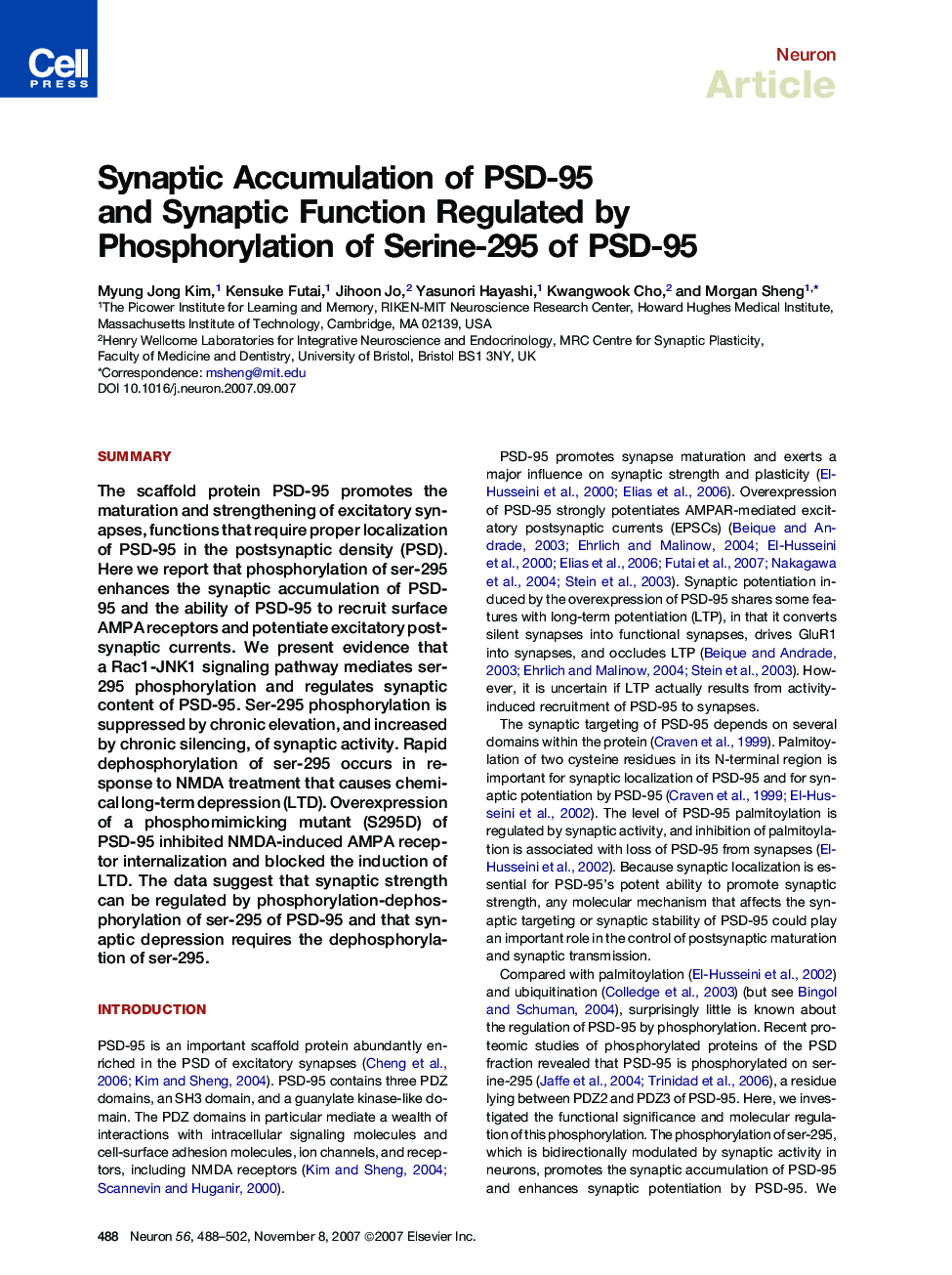 Synaptic Accumulation of PSD-95 and Synaptic Function Regulated by Phosphorylation of Serine-295 of PSD-95