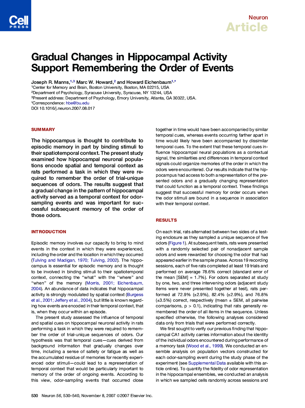 Gradual Changes in Hippocampal Activity Support Remembering the Order of Events